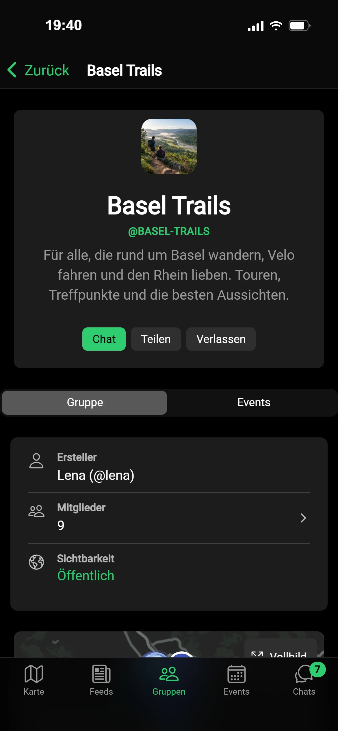 Die Seite der Gruppe Basel Trails in GeoQuestly: Bild, Beschreibung, Chat, Mitglieder und Events