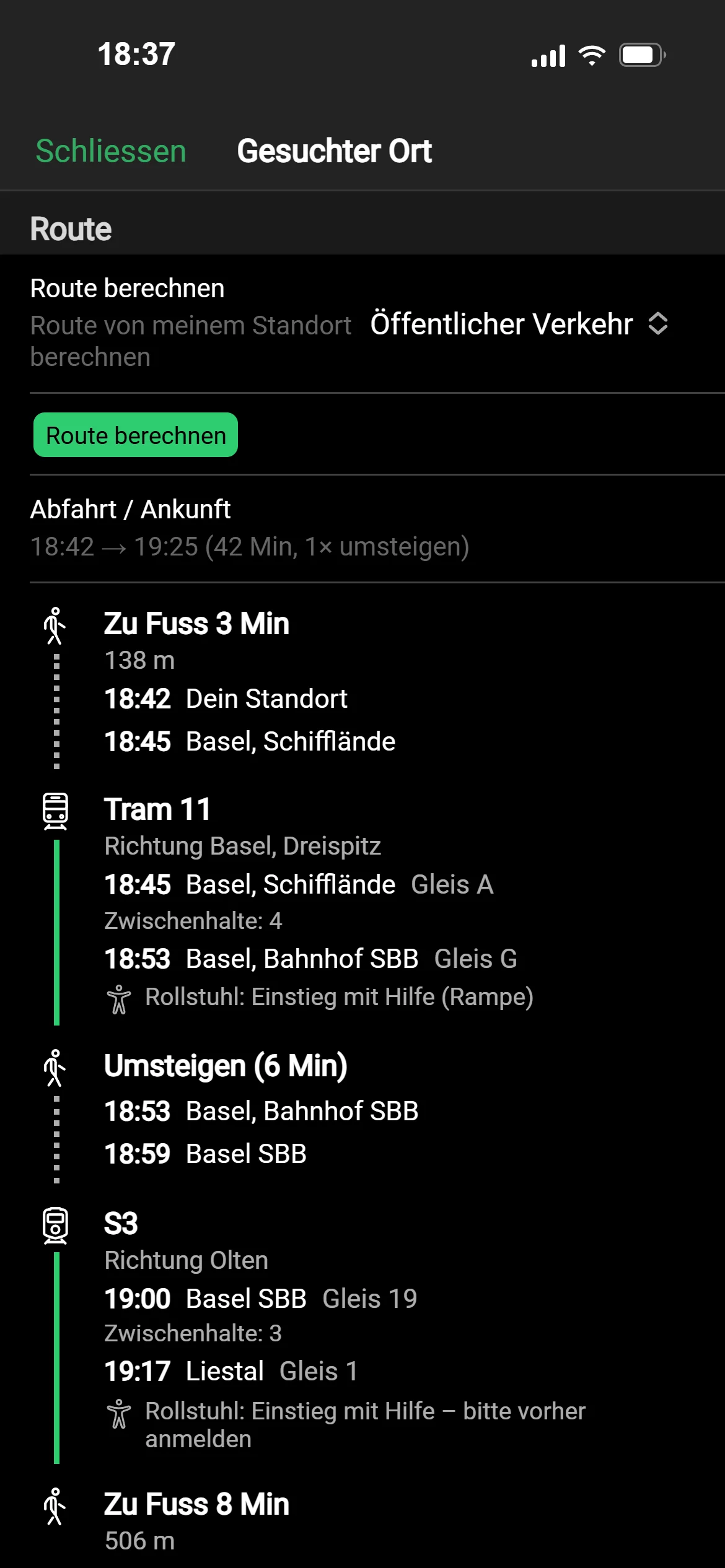 Eine ÖV-Verbindung von Basel nach Liestal in GeoQuestly: Tram, Zug mit Gleis, ein Umstieg