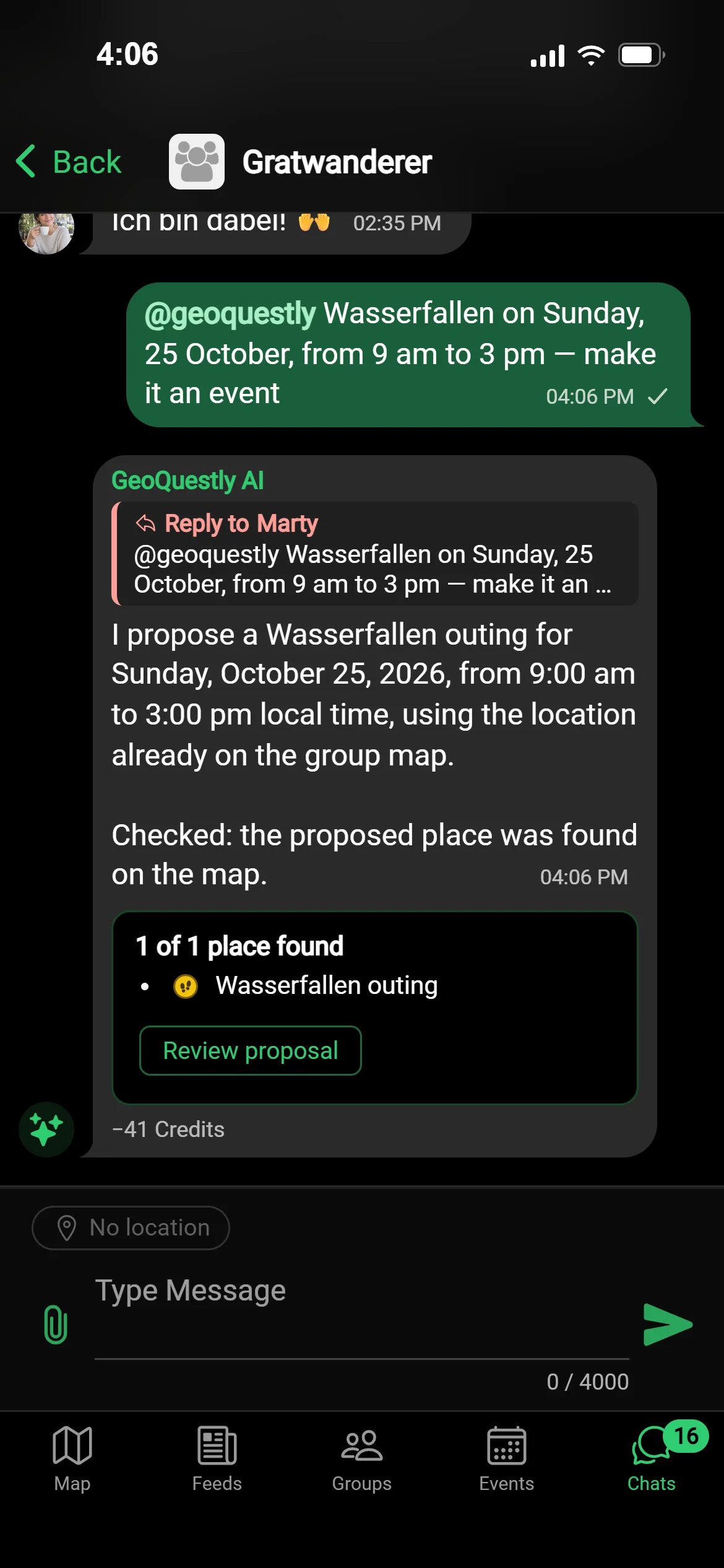 A group chat in GeoQuestly: someone asks @geoquestly to make Sunday on the Wasserfallen an event, and GeoQuestly AI proposes it for review