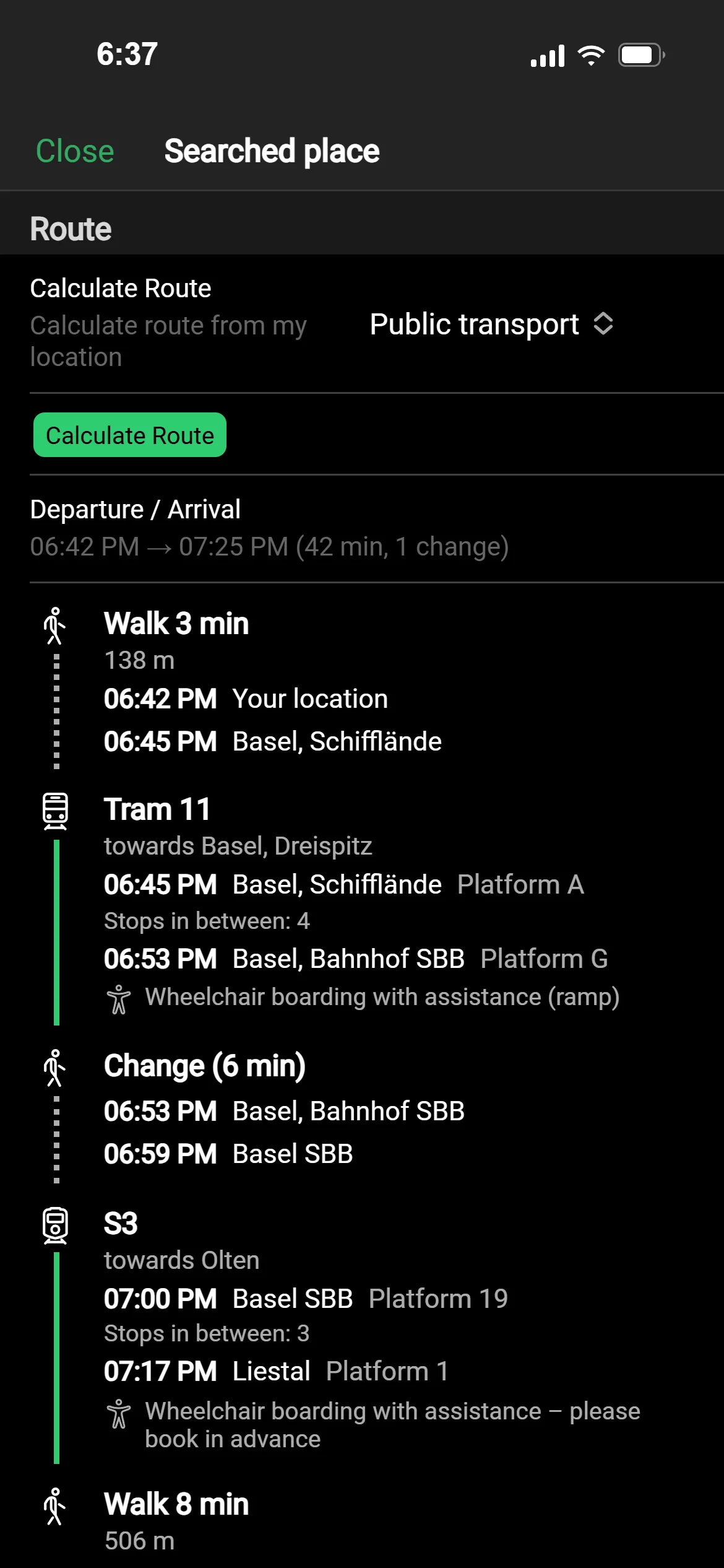 A public-transport journey from Basel to Liestal in GeoQuestly: tram, train with platform, one change