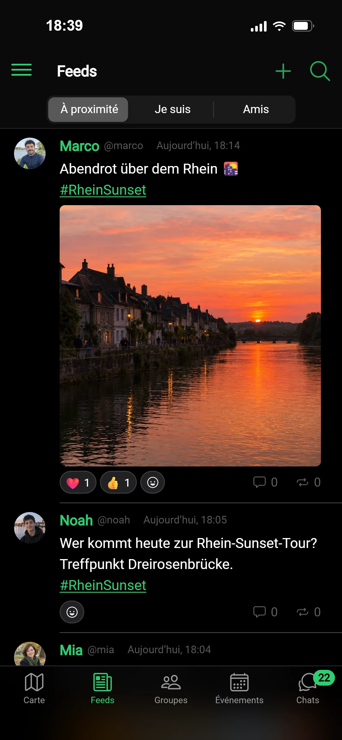 Le fil « À proximité » dans GeoQuestly : des publications des environs, les plus récentes d’abord, une photo du coucher de soleil sur le Rhin avec des réactions