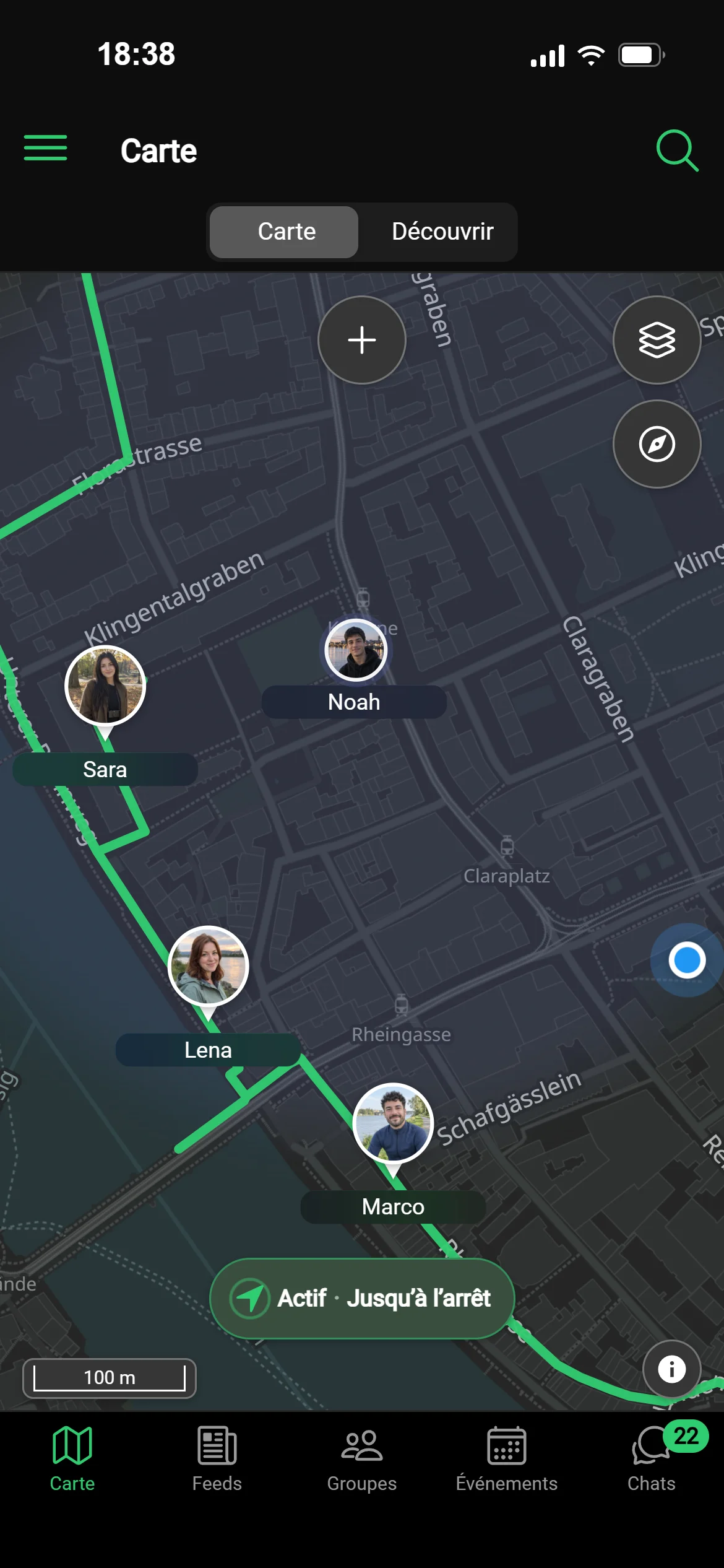 La carte GeoQuestly un soir à Bâle : le tour du coucher de soleil sur le Rhin est en cours, des amis et des membres du groupe sont en route, avec l’itinéraire du groupe et ta position